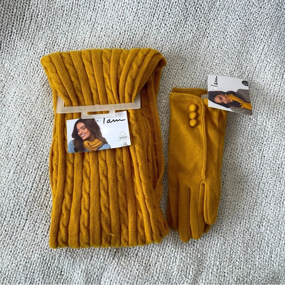 Mustard Yellow infinity Scarf and Gloves bundle Set Small medium NWT